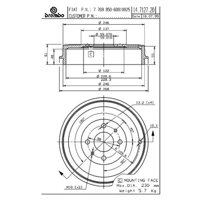 Duża tylna bęben hamulcowy Ø 228,2 mm