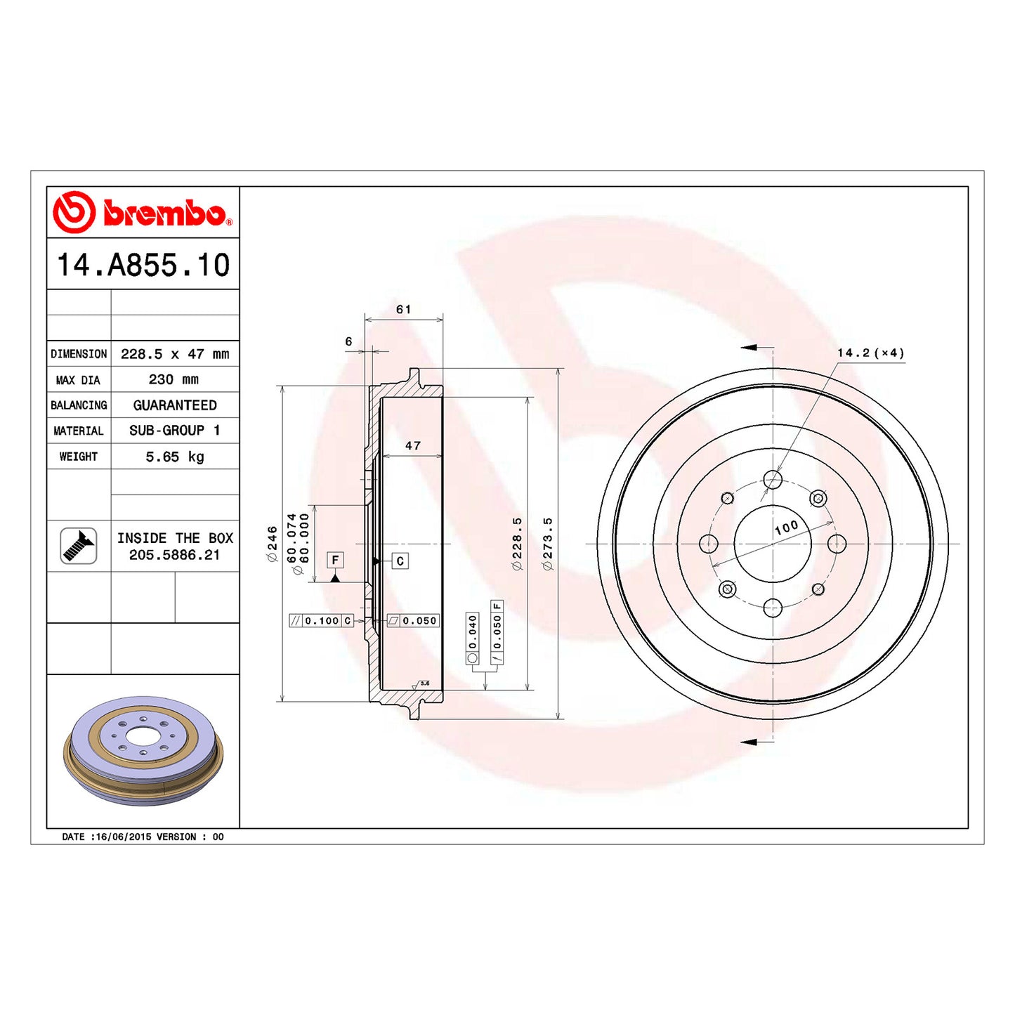 Trzpień hamulcowy tylny Ø 228,3 mm 61 B Brembo