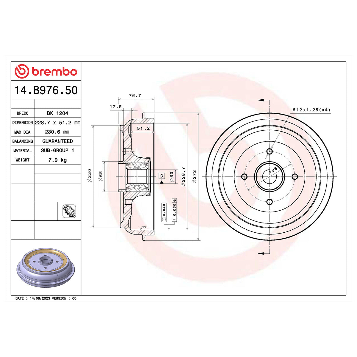 Bęben hamulcowy Brembo, tył Citroën C3 II 14.B976.50