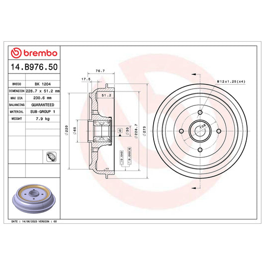 Bęben hamulcowy Brembo, tył Citroën C3 II 14.B976.50