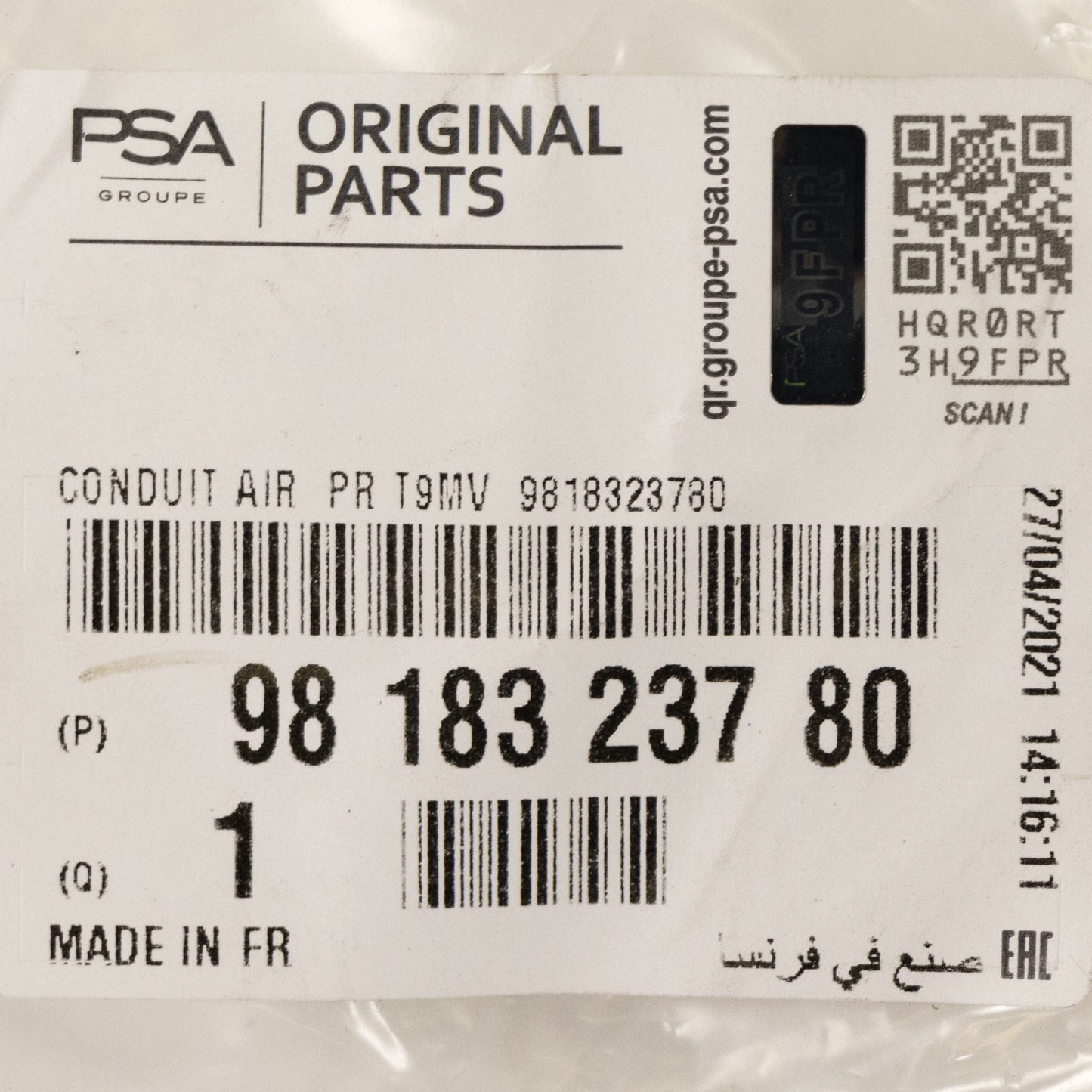 Kanał powietrzny PSA OE 9818323780
