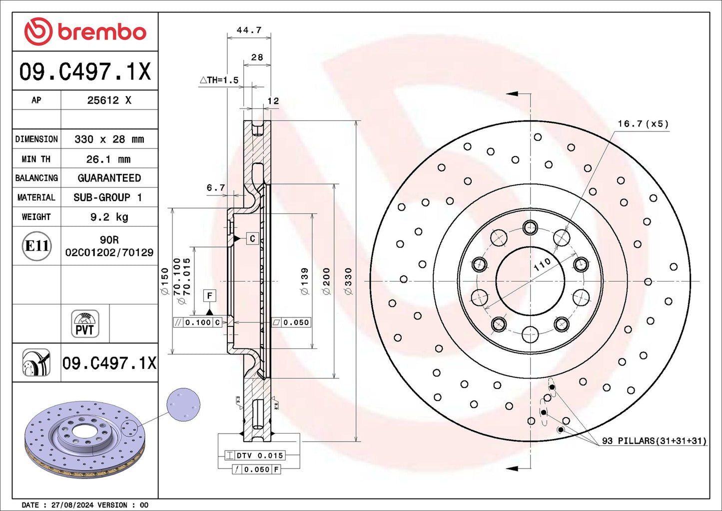 Tarcza hamulcowa przednia BREMBO Xtra Line 330mm ALFA ROMEO GIULIA, STELVIO 2.0/2.2